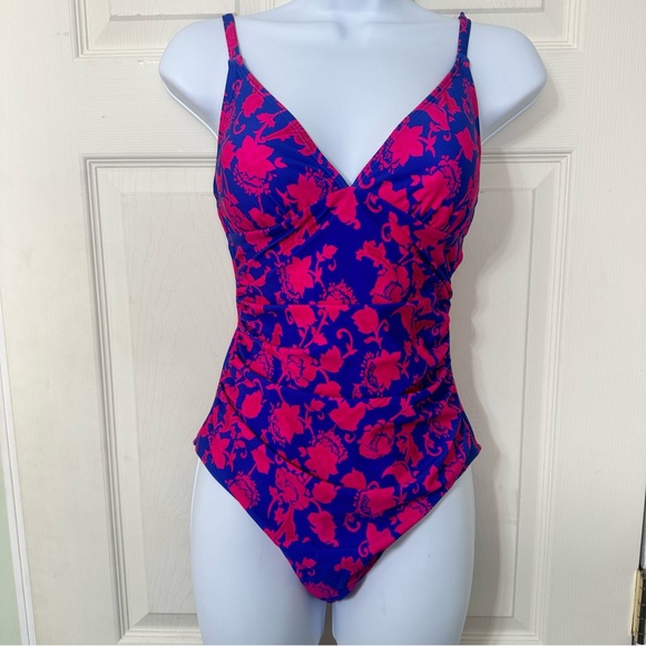 Cupshe Other - NWT Cupshe One Piece Floral Pink/Blue Swimsuit V Neck, Ruching Size Small